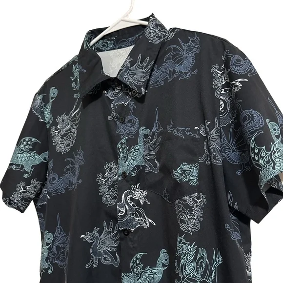 SHEIN Shirt Mens Medium Black Blue White Dragon Pattern Button Up Hawaiian - Picture 2 of 6